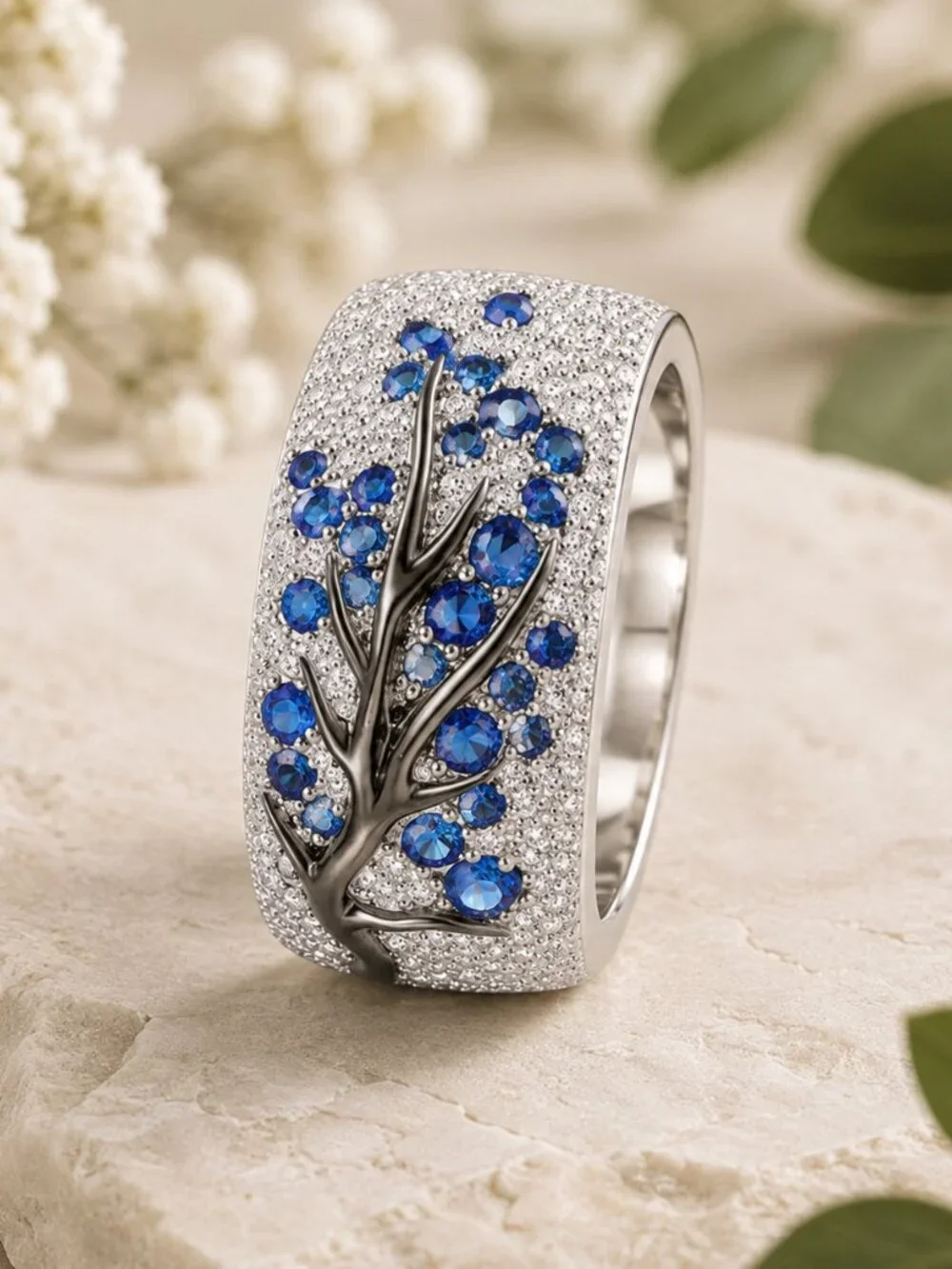 Silver Plum Tree Branch Blue Crystal Statement Ring Micro Pave SZ 8 NWT